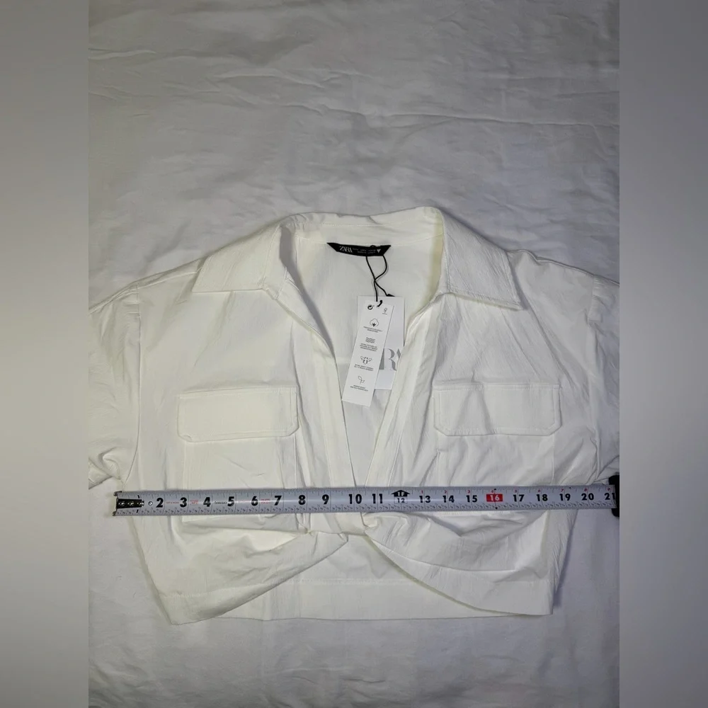 Zara Boxy Twist Hem White Collared Cropped Shirt - Picture 12 of 17
